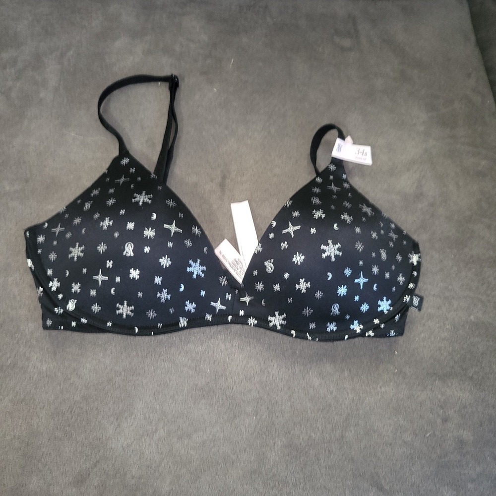 Victoria's Secret Black Snowflake Logo 34B Sexy Tee Wireless Push Up Bra VS!!!